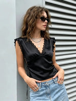 New Women Sleeveless Shirts Satin Lace Trim Deep V Neck Cropped Tops Blouses for Going Out Party Street Summer Vest