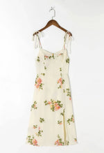 Spaghetti Strap Lace Up Beige Chiffon Summer Dress Sexy Slip Midi Sleeveless Dress Robe Big Flower Print Women Beach Dress Boho