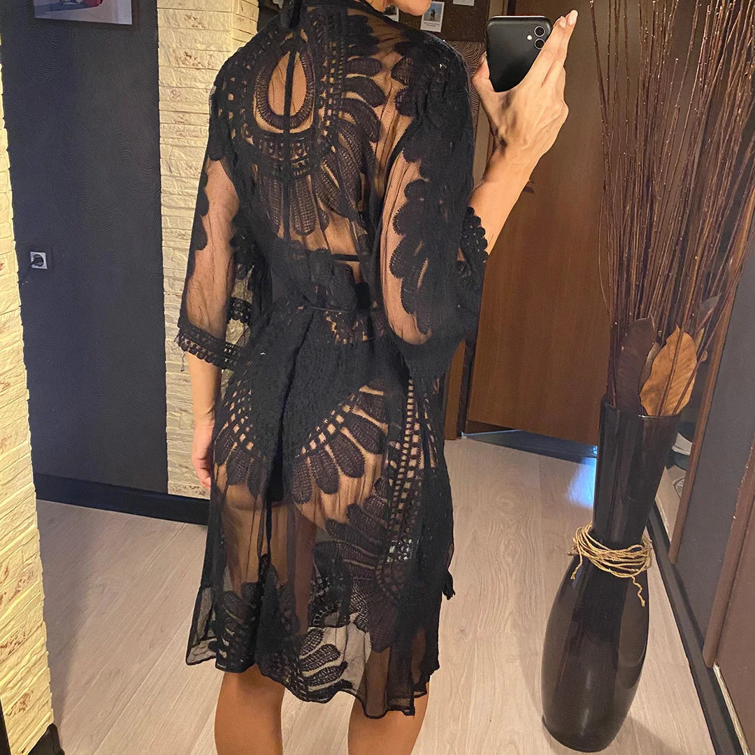 Sexy Embroidery Half Sleeve Chiffon Cardigan Tunic Beach Cover Up Cover-ups Beach Dress Beach Wear Beachwear Female Women V5510
