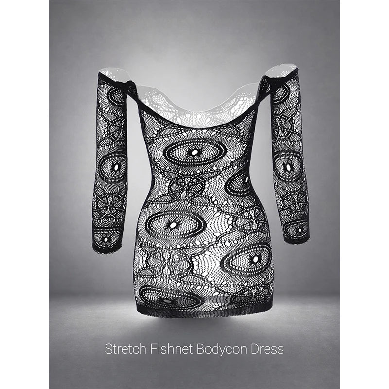 Women Sheer Mesh Long Sleeve Beach Cover Up, Sexy See-Through Fishnet Dress, Solid BodyconFor Summer Beach Party