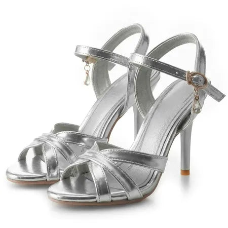 2026 Summer New Women's Metallic High Heel Sandals Ankle Strap Crystal Buckle Stiletto Heels Sexy Party Wedding Prom Dress Shoes