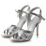 2026 Summer New Women's Metallic High Heel Sandals Ankle Strap Crystal Buckle Stiletto Heels Sexy Party Wedding Prom Dress Shoes