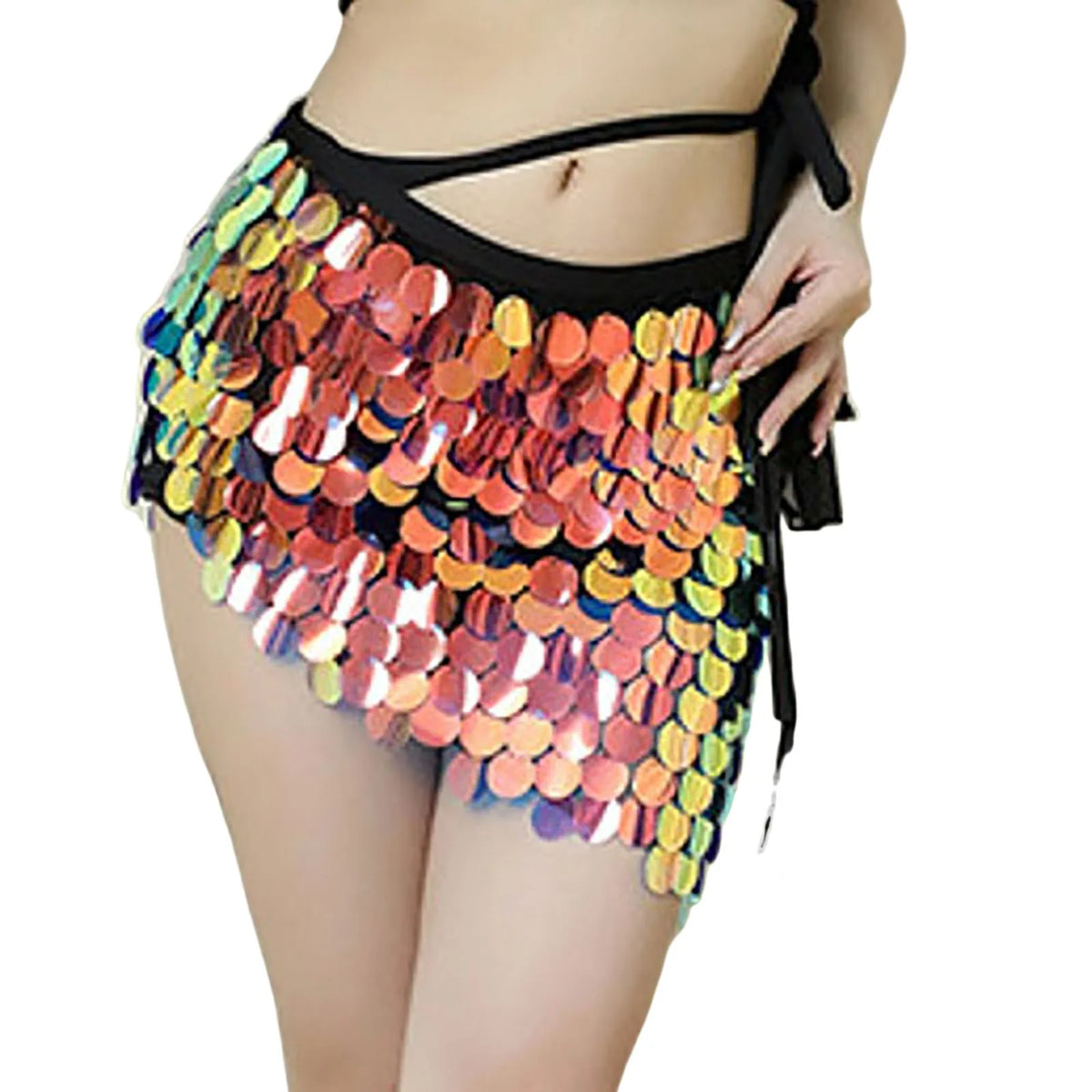 Womens Iridescent Sequin Mini Skirt Tie Waist Asymmetrical Hem Bodycon Skirt Shiny Sparkle Bottoms For Beach Cover Up Party Rave