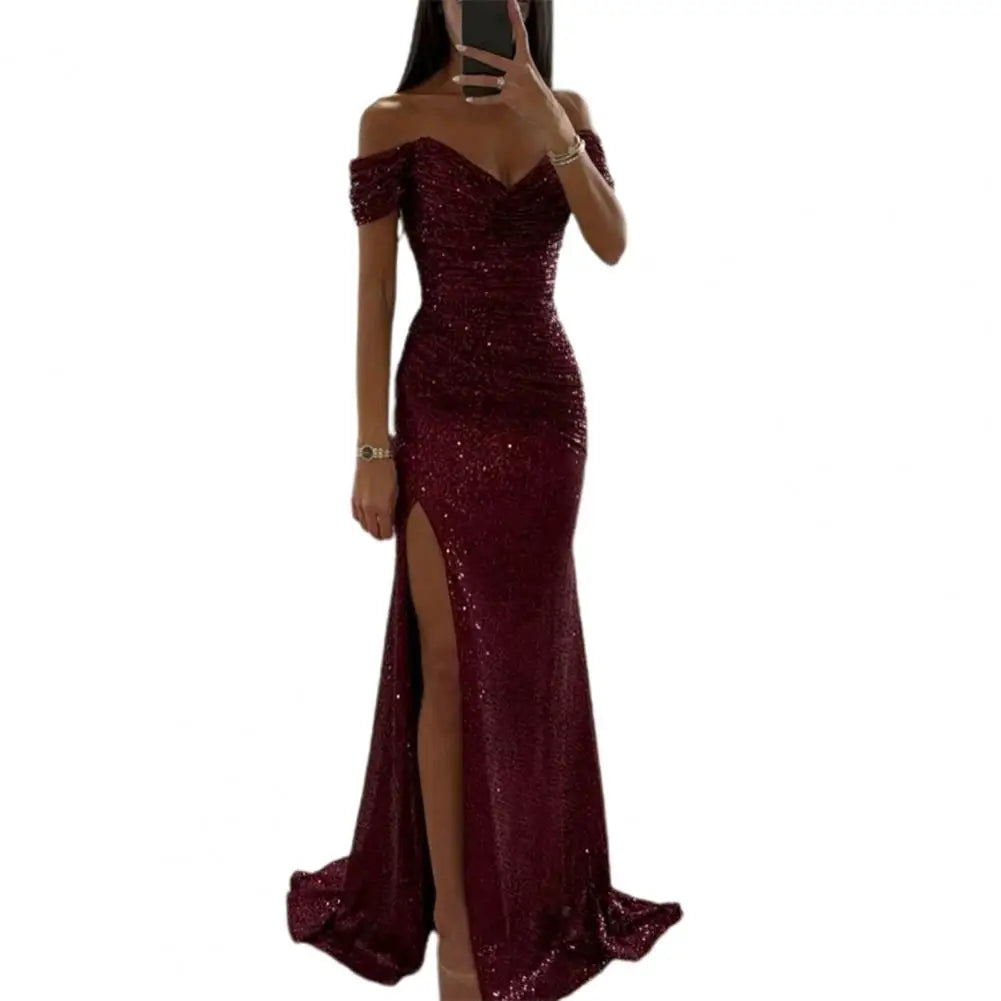 Evening Party Prom Dress Elegant V-Neck Off Shoulder Dress Sequin Pleated Short Sleeve Waist Tight Slim Sexy Split Long Dress