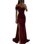 Evening Party Prom Dress Elegant V-Neck Off Shoulder Dress Sequin Pleated Short Sleeve Waist Tight Slim Sexy Split Long Dress