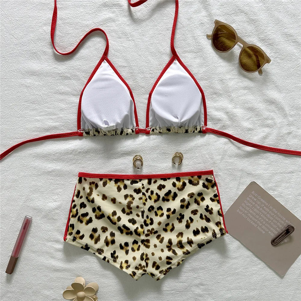 Leopard Number Print Swimwear Sexy Triangle String Halter Bikinis Sets Low Waist Bottoms Shorts Swimsuit Women 2026 Bikini Mujer