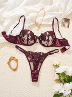 Burgundy Floral Embroidery Satin Lingerie Set Sheer Mesh Underwire Bra & Thong Women Sexy Underwear ZA824031