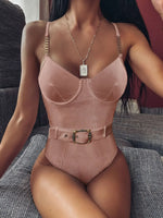 2026 High Quality Sexy One Piece Swimsuit Swimwear Women Push Up Pit Striped Metal Chain Straps Bathing Suit Beachwear with Belt