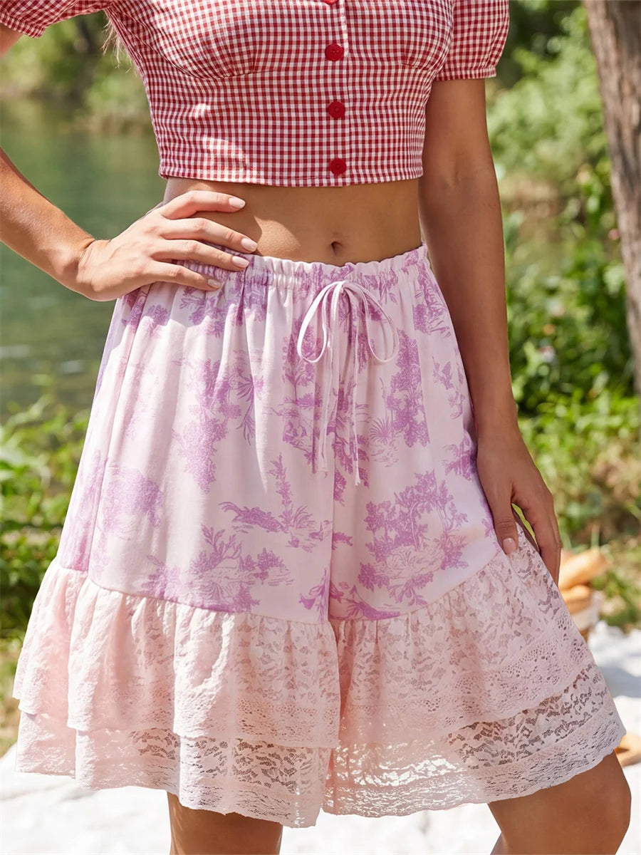 Women's Floral Lace Hem Shorts Drawstring Elastic Waist Wide Leg Knee Length Shorts Daily Loose Casual Lounge Street Mid Pants