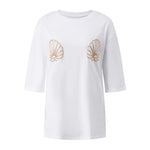 Women Oversized Short Sleeve T-shirt Sparkle Shell Embroidery Loose Shirts Summer Daily Casual Baggy Tops
