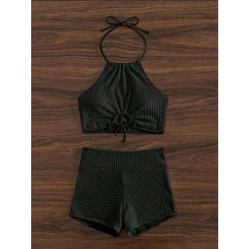 Sexy High Neck Bikini Sets Two Pieces High Waist Swimsuit Shorts Swimwear Female Thong Brazilian Biquini Beachwear Bathing Suit