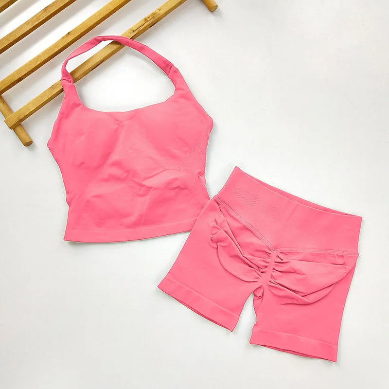 Yoga 2 Pieces Gym Set Women Backless Halter Tops High Waist Seamless Shorts Gym Suit Fitness Sports Bras Sportswear Workout Sets
