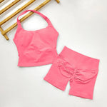 Yoga 2 Pieces Gym Set Women Backless Halter Tops High Waist Seamless Shorts Gym Suit Fitness Sports Bras Sportswear Workout Sets