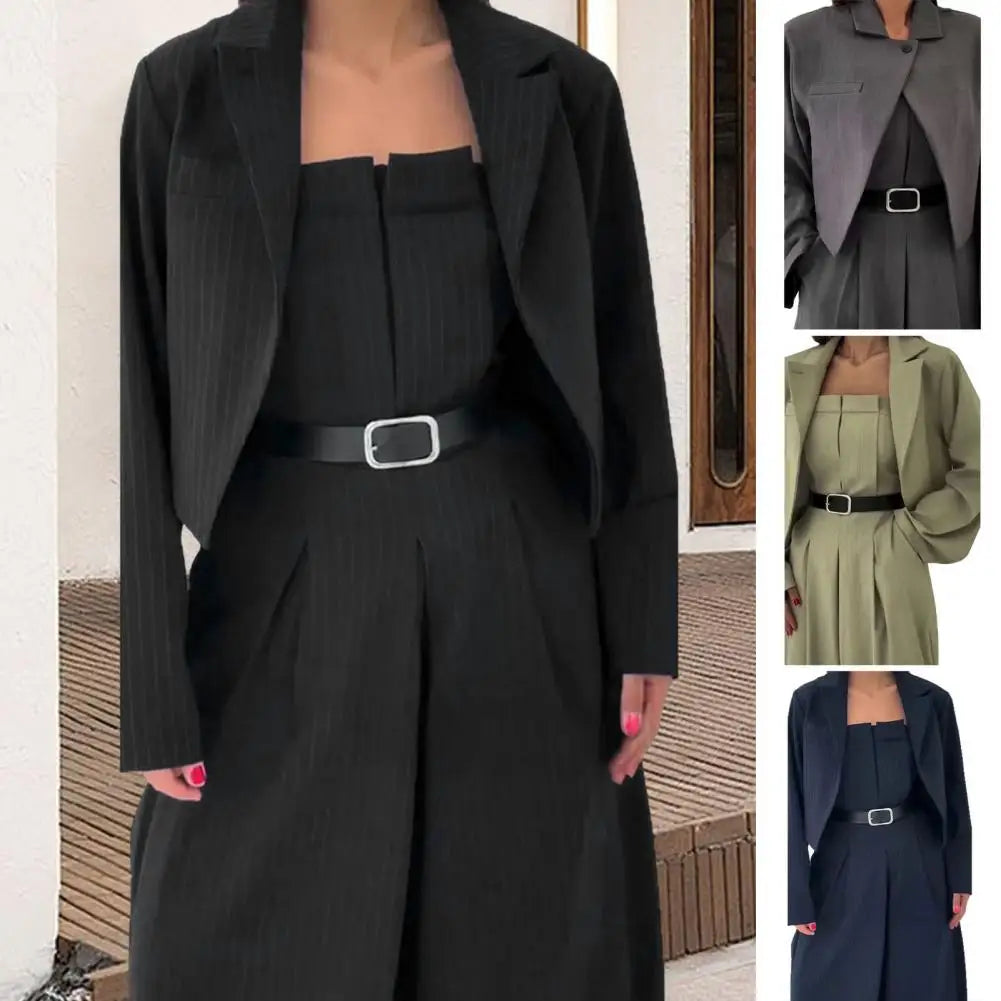 Women's Business Outfit Cropped Blazer Strapless Tube Top Jumpsuits 2 Piece Suit Set Belted Wide Leg Romper Office Work Clothes