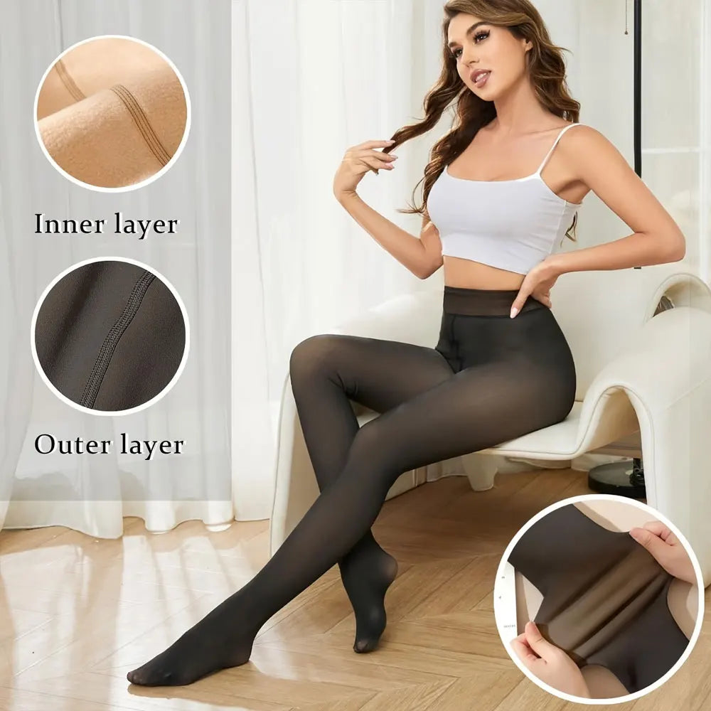 200g Womens Fleece Lined Fake Transparent Tights Thick High Waist Stretch Thermal Pantyhose Windproof For Cold Weather Suitable