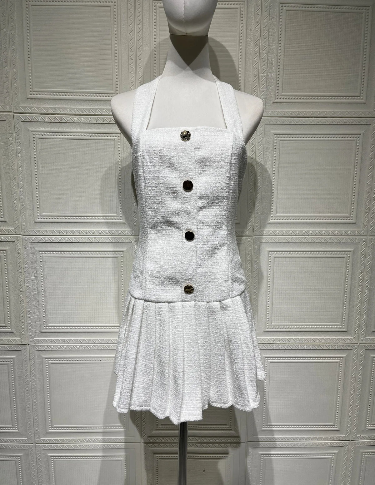 Temperament Elegant Women's Halter Neck Dress Solid Color Braid Fabric Pleated Short Dresses Socialite Commuting Style Vestidos