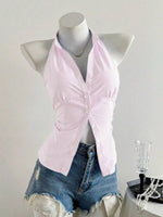 Summer Casual Shirt Women's Blue Striped Halter Top V Neck Button Down Sleeveless Slim Fit Blouse 2026 Y2K Style Streetwear