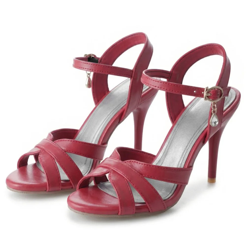 2026 Summer New Women's Metallic High Heel Sandals Ankle Strap Crystal Buckle Stiletto Heels Sexy Party Wedding Prom Dress Shoes