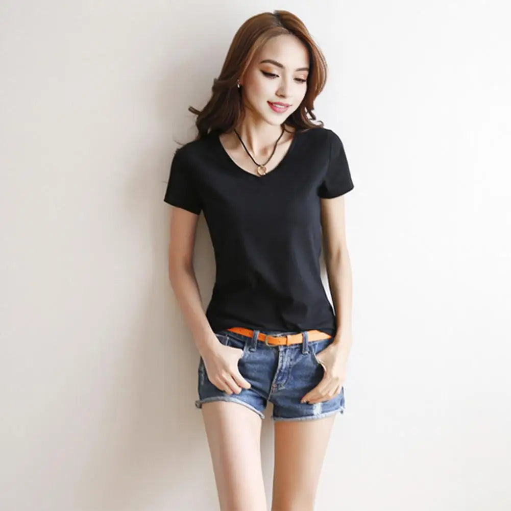 Women Summer T-shirt V-neck Short Sleeve Slim Fit T-shirt Solid Color Pullover Tops Women Bottoming Shirt Streetwear