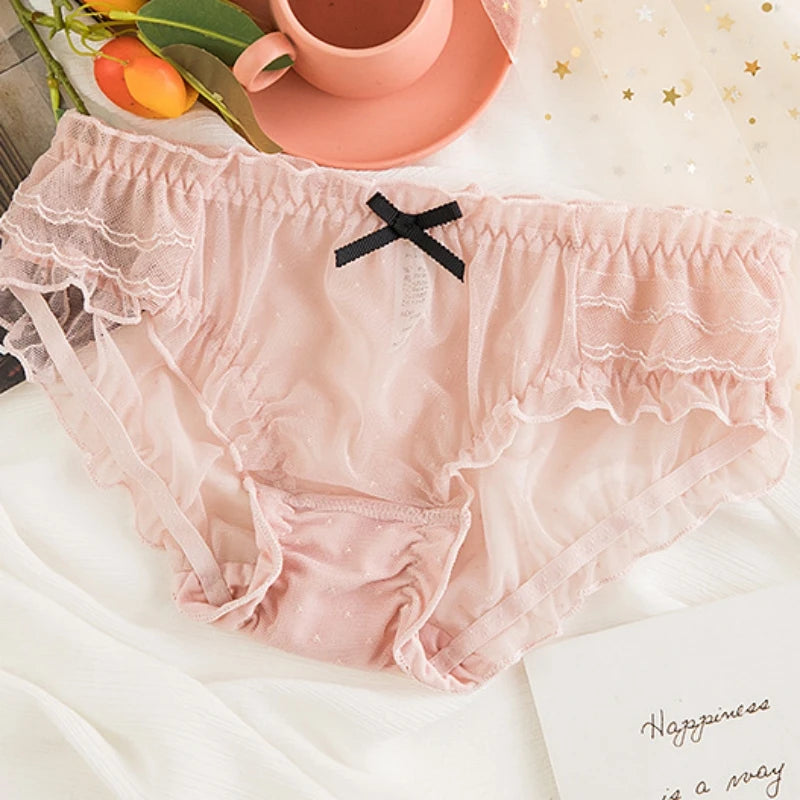Cute Bowknot Girl's Knickers Transparent Mesh Yarn Ladies Panties Elastic Ruffled Edge Seamless Cotton Crotch Women's Brieifs