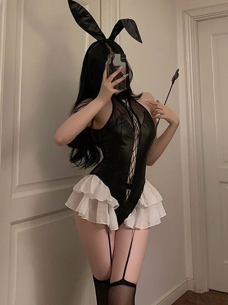 Halloween Latex Nun Costumes Women Sexy Black Leather Bodysuit with Headwear Nun Cosplay Dress Outfits Carnival Party Clothes
