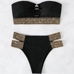 2Pcs/Set Women Bikini Set Ring Connection Off Shoulder Bathing Suit Elastic Waistband Backless High Cut Lady Beach Bikini Suit