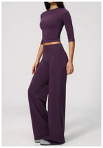 Women Tracksuit Yoga Sets Half Sleeve O Neck Slim Sports T Shirts Fitness Suit Outdoor High Waist Flare Pants Workout Clothes