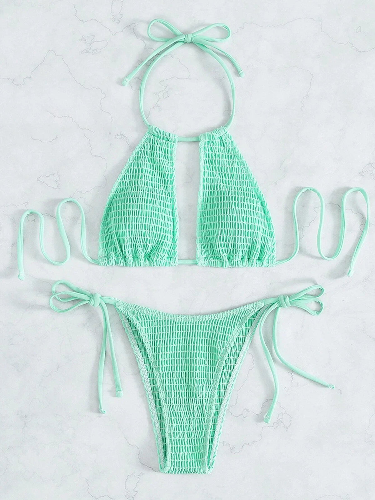 2025 Halter Tie Side Hollow Out Smocked Bikini Women Swimsuit Female Swimwear Two Pieces Bikini Set Swim Bathing Suit Beach Wear