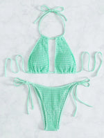 2025 Halter Tie Side Hollow Out Smocked Bikini Women Swimsuit Female Swimwear Two Pieces Bikini Set Swim Bathing Suit Beach Wear
