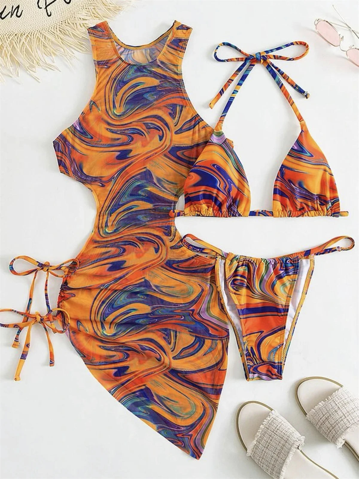 Dress Bikini 2025 Women Sexy High Neck Cut Out Mesh Cover Up Pleate Swimsuit Orange Gradient Bathing Suit Beach 3 Piece Swimwear