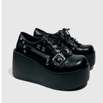 Size 42 Gothic Black Platform Creepers Shoes White Smooth Faux Leather Goth Creepers E-girl Chunky Lace Up Lolita Casual Shoes