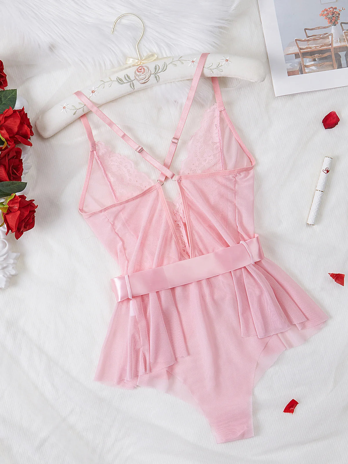Women's Hollow See Through Bodysuits Slim Fit Erotic Sheer Lace Jumpsuit Bodysuit Sexy Fashion Pajamas One-Piece Suit