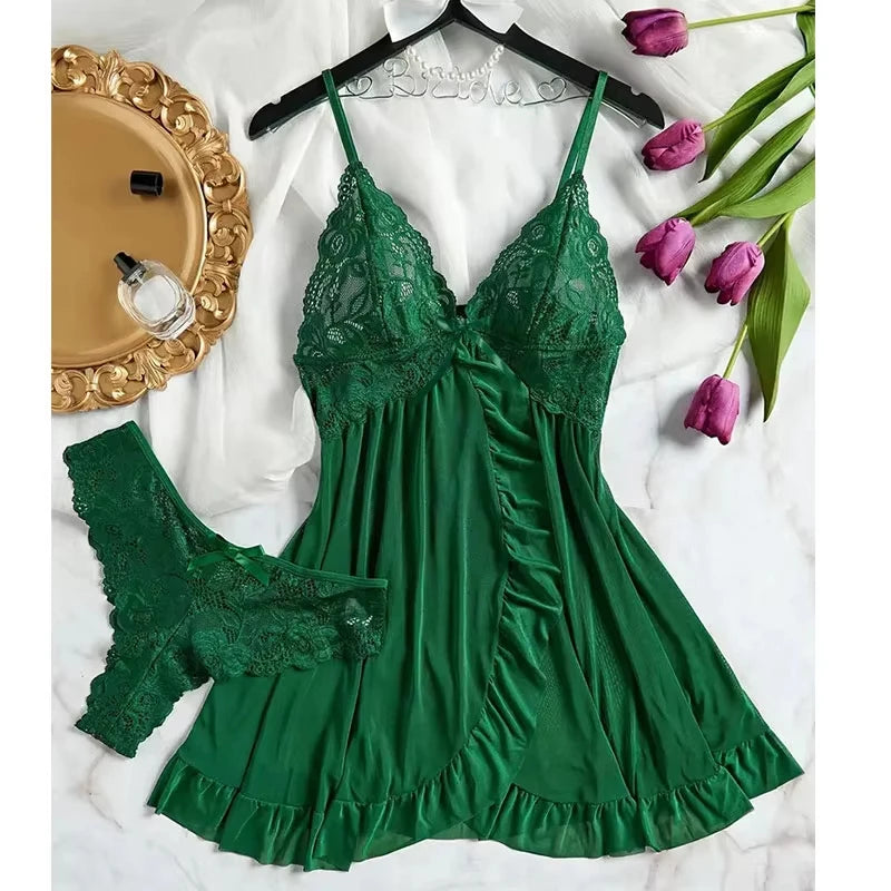 Summer New Lace See Through Nightgown for Women Solid Color Slim Fit Soft V-Neck Long Style Popular Sleepwear Fashionable Dress