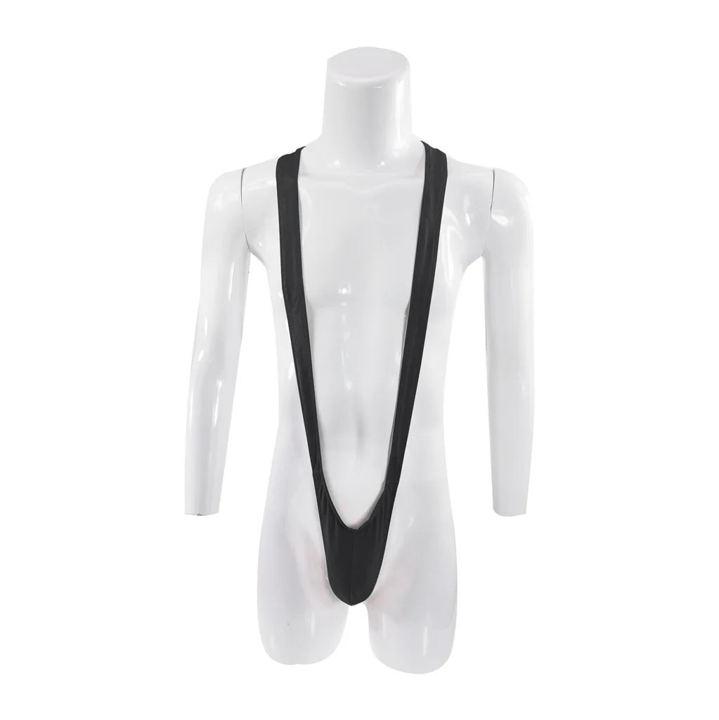 DEKA Mens Glossy Mankini One-Piece Swimsuit Bulge Pouch Thongs V-Shaped Suspender Bodysuit Hollow Out Swimwear Underwear Clubwea