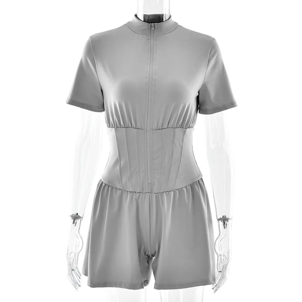 FDYOUI New 2026 Summer Zip-up Corset Playsuits Women Casual Short Sleeve Sports Fitness Overalls One Piece Tunics Yoga Bodysuit
