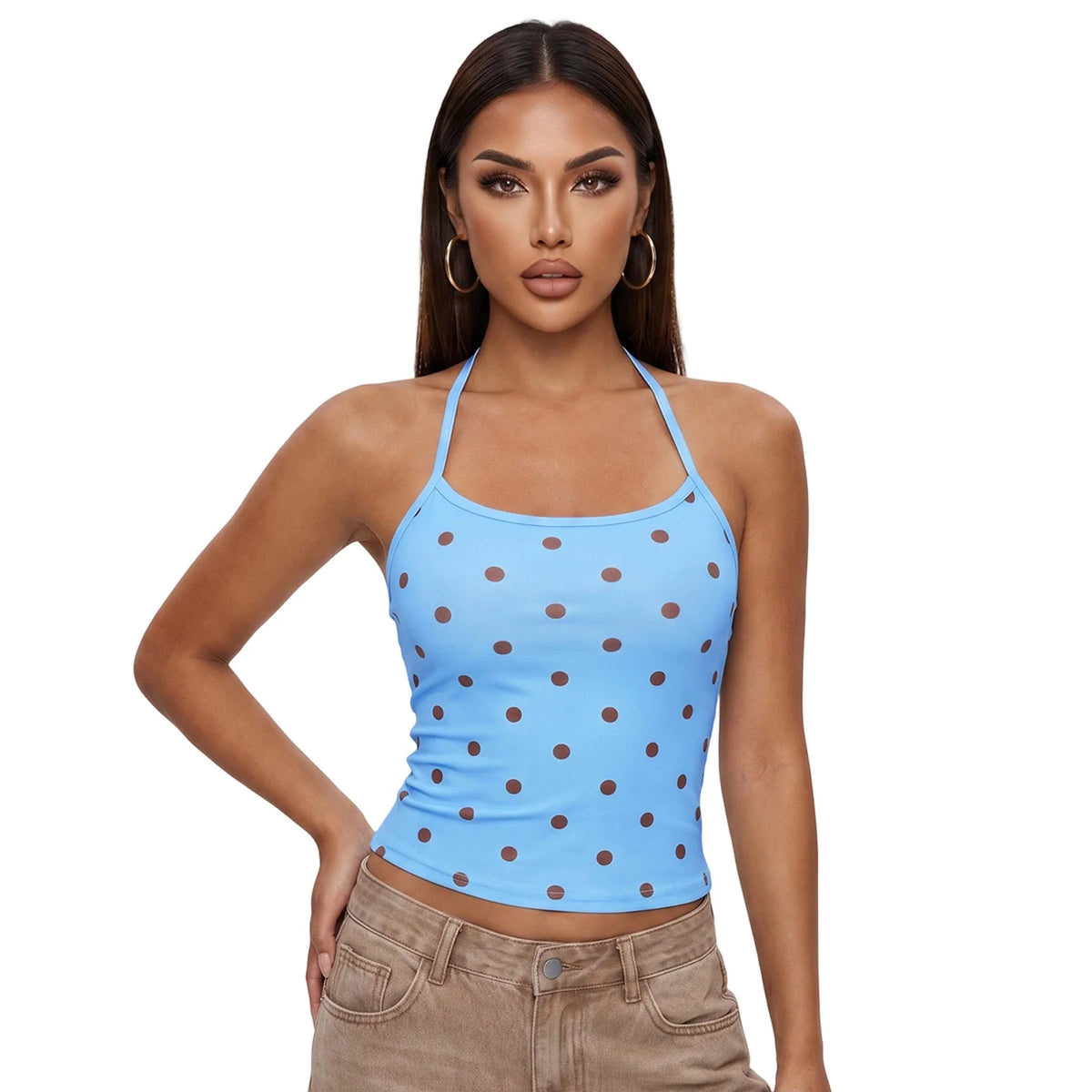 Women's Summer Halter Neck Tops Fashion Sleeveless Dota Print Slim Fit Cami Tops
