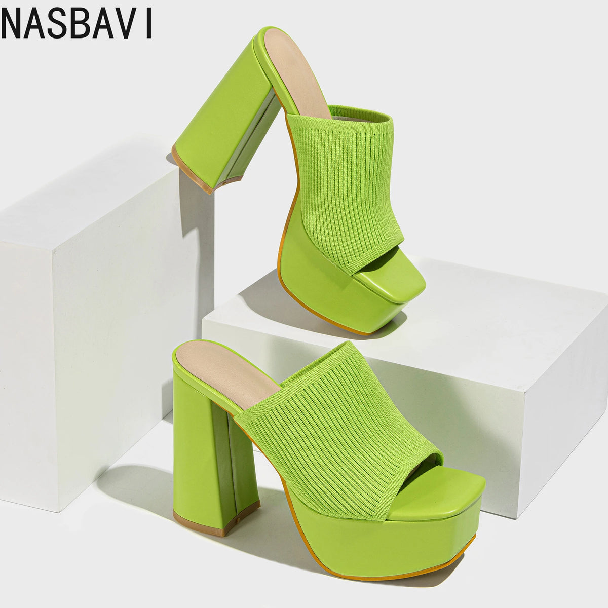 NASBAVI Summer Knitting Yarn Pleated Platform Rome Shallow Thick Bottom Peep Toe Thin Heels Women Sandals Slip-On Party Shoes