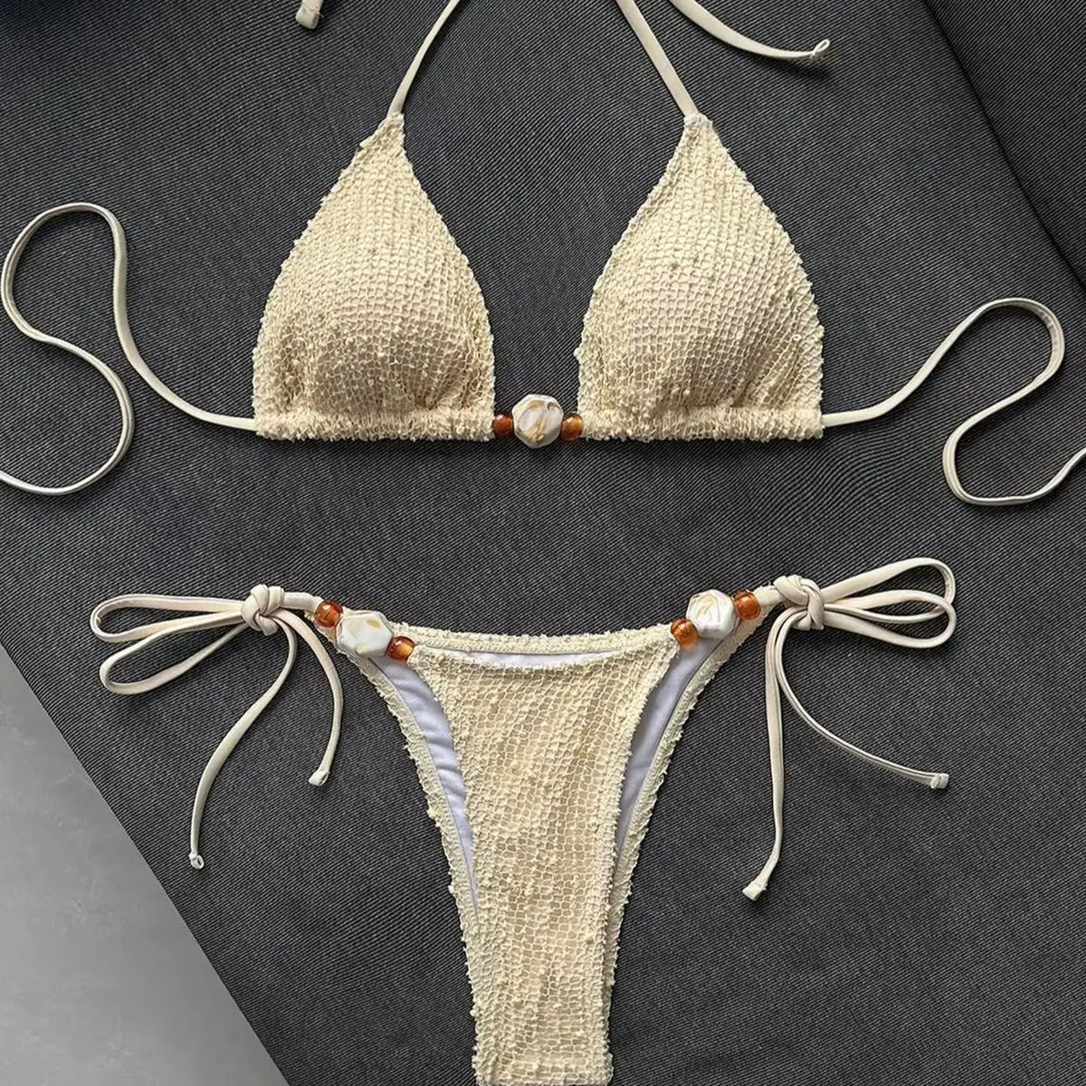 DEKA Sexy Micro Triangle Bikini Set Beige Shell Push Up Bra Women Lace-up Stone Swimsuit Bathing Suit Holiday Swimwear Biquini