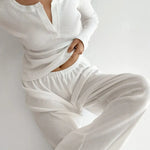 2026 Women's Autumn New V Neck Long Sleeve Pants Pajama Set Ribbed Texture Women's Slim Fit Pajama Loungewear Pyjamas Women