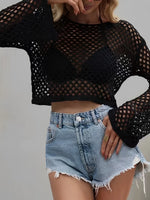 Mesh Crochet Beach Shirt Women Solid Cover Up Ladies Long Sleeve Tops 2026 Sexy Beachwear Bathers Swim Bathing Suit