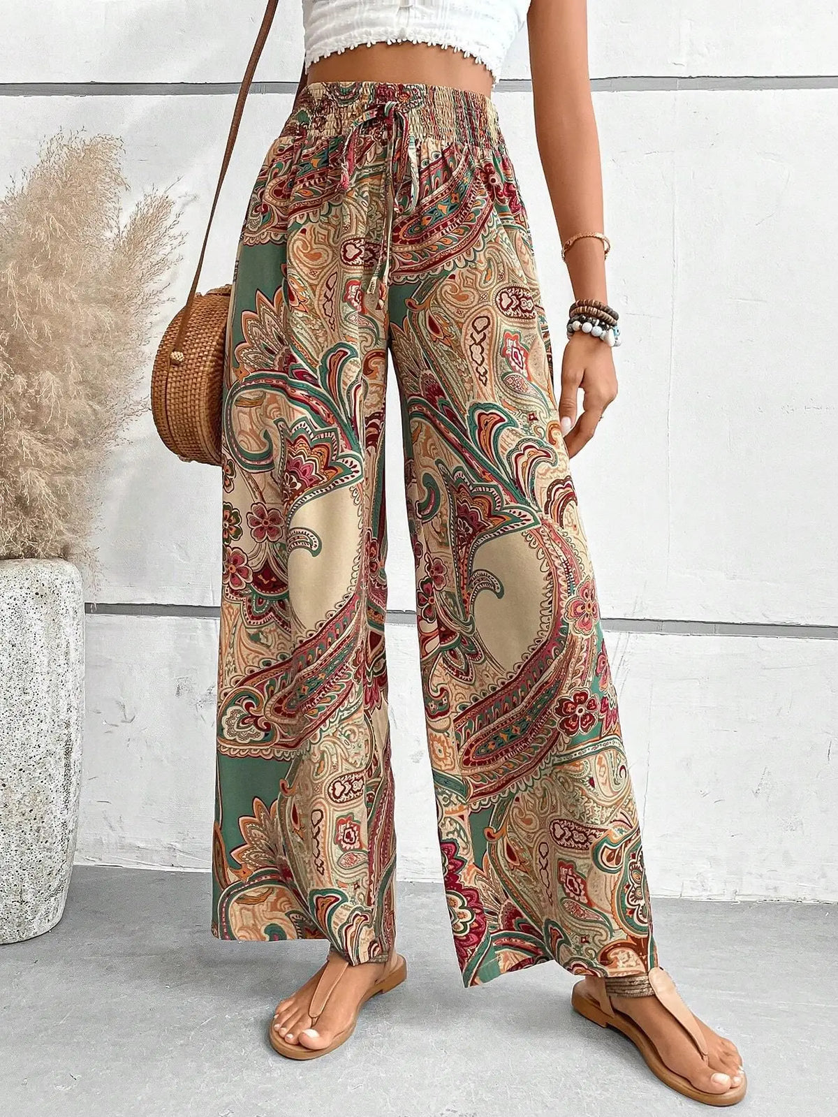 Women's 2026 Summer Versatile Printed Elastic Waist Wide Leg Pants