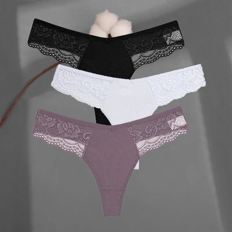 3Pcs/set Cotton Thongs Lace Bikini Underpants Women S-XL T-Back Underwear Ladies G-string Soft Thong Panties Female Lingerie New