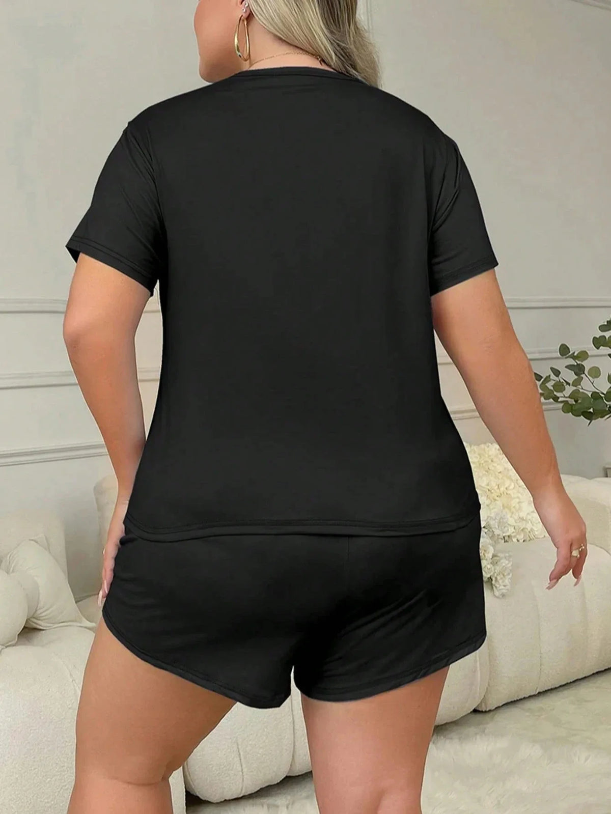 Plus Size 3XL 4XL 5XL Casual Loungewear Letters Print Pajamas Set Women's Short Sleeve Tee And Elastic Shorts Homewear
