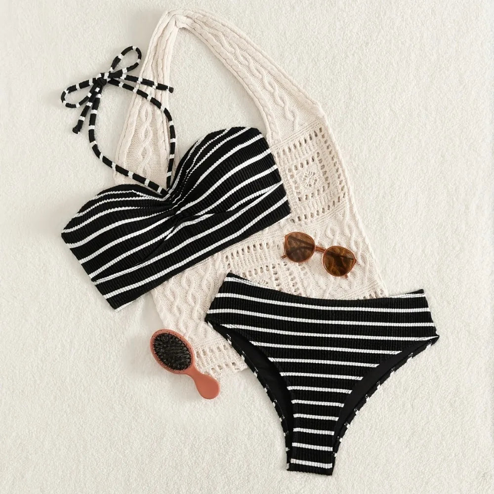 New Sexy Striped High Waisted Bikinis 2025 Swimsuits Women's Swimwear Female Beach Swim Wear Bathing Suits Brazilian Bikini Set