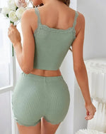 Sexy Underwear Sleepwear Sets 2 pieces Pajamas Button Cropped Lace Tops + High Elastic Waist Skinny Shorts Suits Homewear