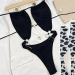 Sexy Black Halter Backless Swimwear Women One Piece Swimsuits Cut Out Monokini Metal Ring Chain Swimming Wear Bathing Suits 2026