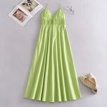 Foridol Elastic Smocking Green Cotton V Neck Summer Women's Dress Sleevless Long Green Maxi Casual Strapy Dress Solid Female