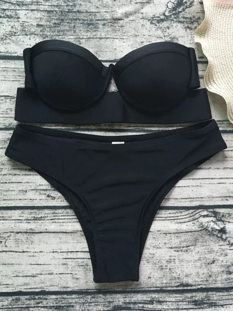 Neon Green Push Up Bra Cup Bikini Women Bandeau Swimsuit Female Swimwear Two Pieces Bikini Set Brazilian Bathing Suit Swim Lady