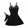 Black Daisy Floral Lace Sheer Mesh Babydoll Lingerie Set Slip Nightdress With Matching Thong Women Sexy Sleepwear ZA825096