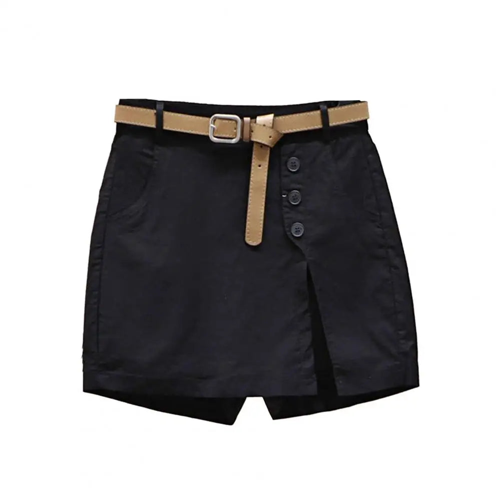 Women Skirt Shorts Above Knee Length High Waist Fake Two Piece Button Decor Side Split Pockets Straight Streetwear